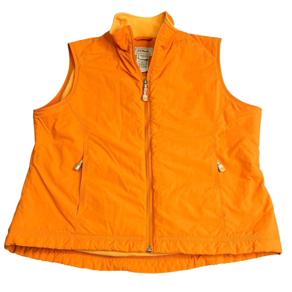 LL Bean Womens Large Orange Fleece Lined Nylon Full Zip Vest O BDR7 Mock Neck - Picture 1 of 6